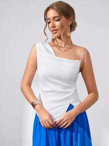 SHEIN Unity 素色不對稱領鏈條細節襯衫 - 白色 - 查看 3