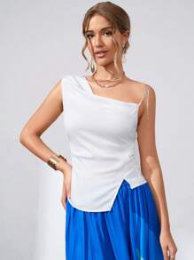 SHEIN Unity 素色不對稱領鏈條細節襯衫 - 白色 - 查看 4