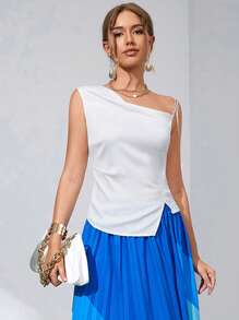 SHEIN Unity 素色不對稱領鏈條細節襯衫 - 白色 - 查看 5