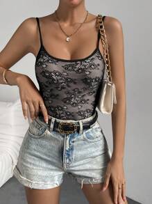SHEIN Privé Floral Lace Cami Bodysuit - Black - View 3