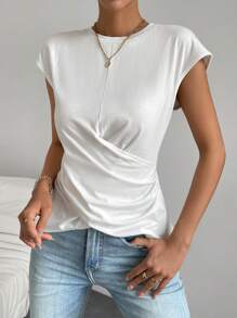Chiquease Solid Batwing Sleeve Ruched Side Tee - White - View 5