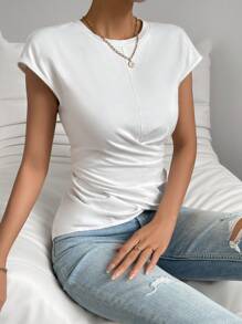 Chiquease Solid Batwing Sleeve Ruched Side Tee - White - View 6