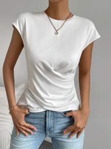Chiquease Solid Batwing Sleeve Ruched Side Tee - White - View 7
