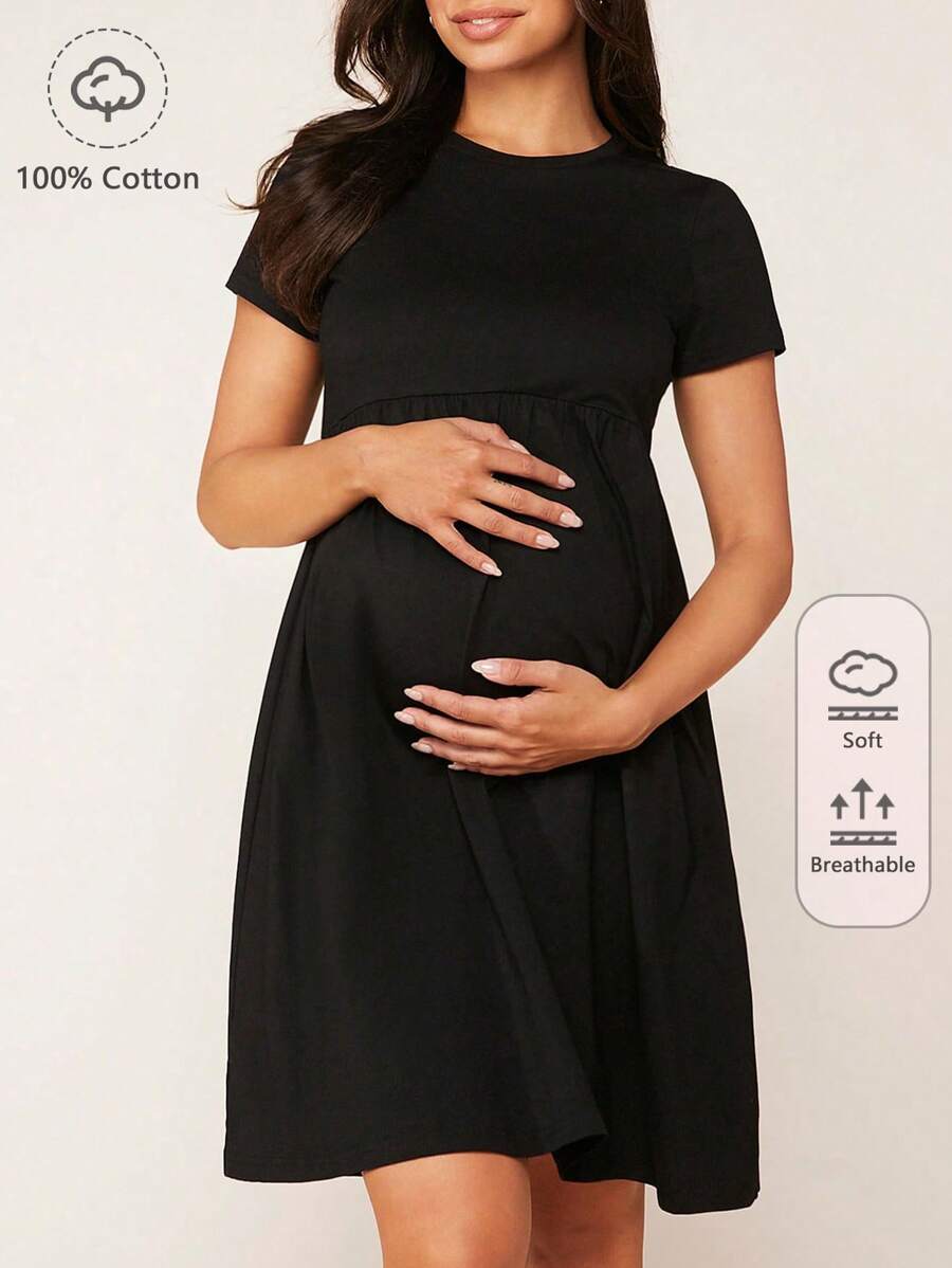 SHEIN Maternity  Solid A-Line Dress - Black - View 1