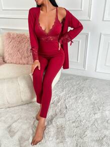 RueChic 3pcs Contrast Lace Bow Detail PJ Set - Maroon - View 1