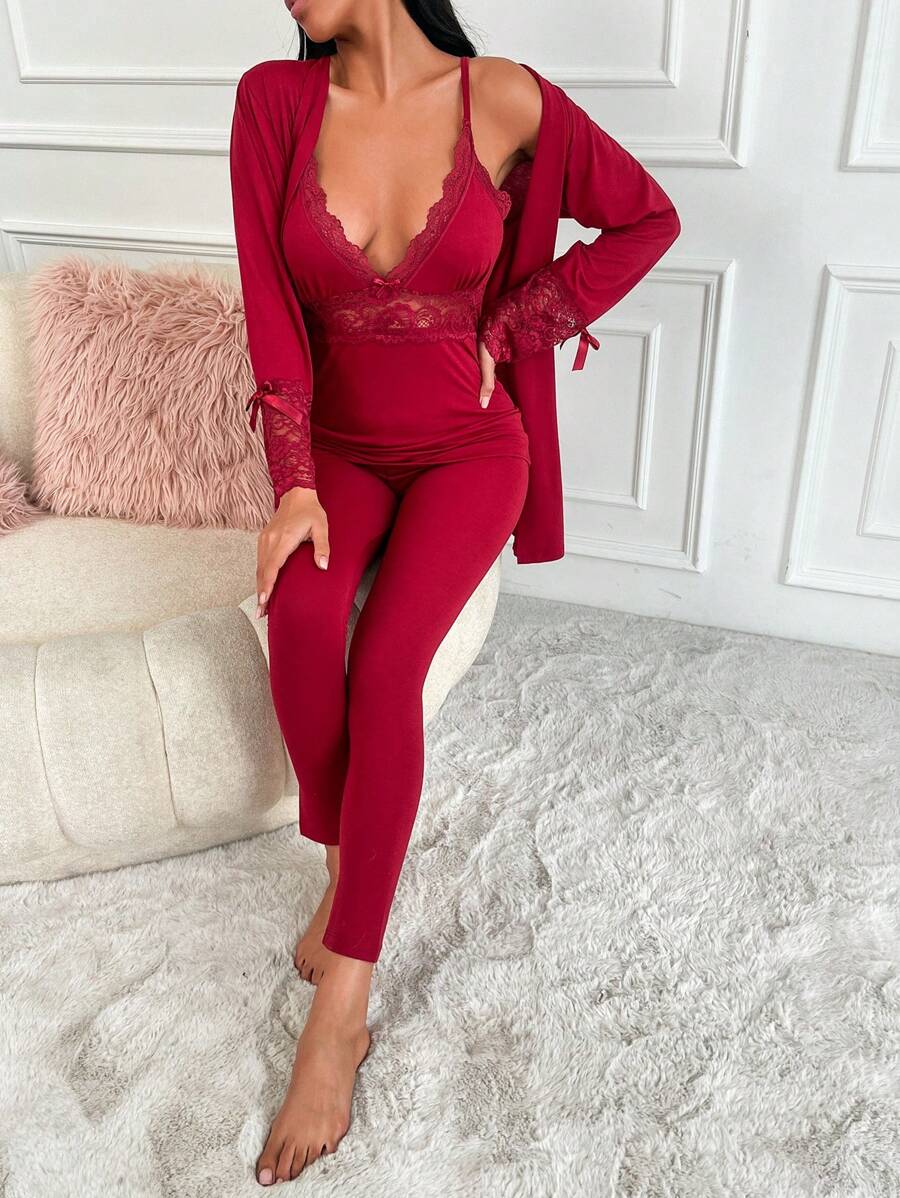 RueChic 3pcs Contrast Lace Bow Detail PJ Set - Maroon - View 1