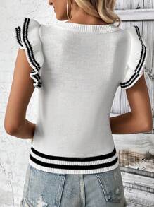 Breezaya Mẫu sọc Viền Ruffle Dệt kim chấm bi Áo len vest - trắng - Xem 2