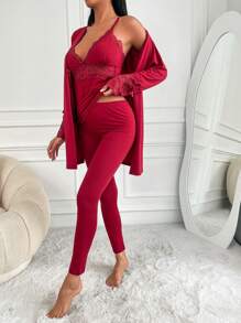 RueChic 3pcs Contrast Lace Bow Detail PJ Set - Maroon - View 5