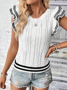Breezaya Mẫu sọc Viền Ruffle Dệt kim chấm bi Áo len vest - trắng - Xem 7