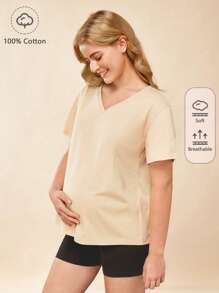 SHEIN Maternity  V-Neck Solid Tee - Apricot - View 1