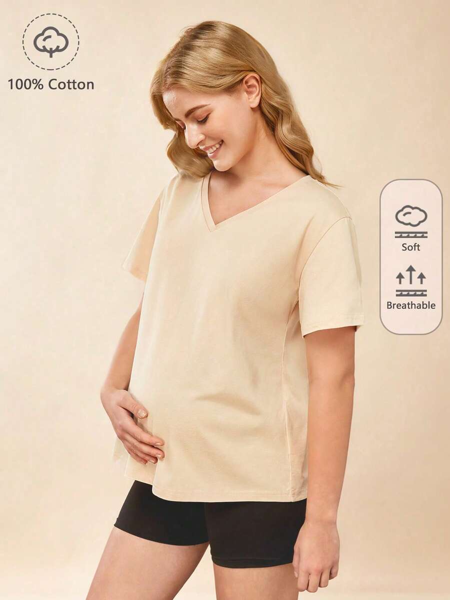 SHEIN Maternity  V-Neck Solid Tee - Apricot - View 1