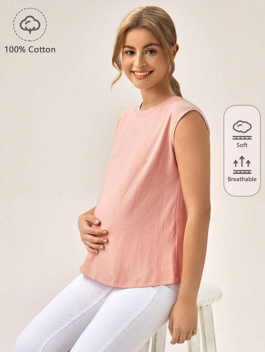 SHEIN Maternity  Solid Round Neck Tee - Baby Pink - View 1