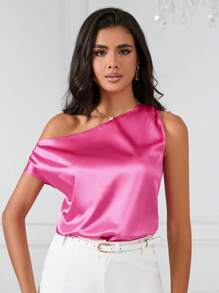 SHEIN Privé Asymmetrical Neck Blouse - Pink - View 1