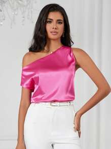 SHEIN Privé Asymmetrical Neck Blouse - Pink - View 3