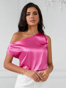 SHEIN Privé Asymmetrical Neck Blouse - Pink - View 5
