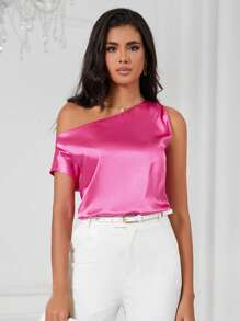 SHEIN Privé Asymmetrical Neck Blouse - Pink - View 6