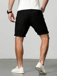 Manfinity Homme Hombres Shorts en mezclilla algodón desgarro crudo - Negro - Ver 2