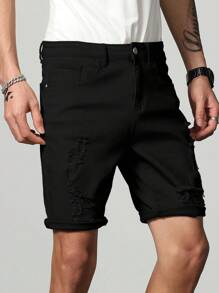 Manfinity Homme Hombres Shorts en mezclilla algodón desgarro crudo - Negro - Ver 3