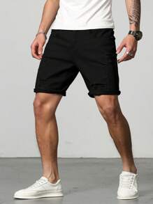 Manfinity Homme Hombres Shorts en mezclilla algodón desgarro crudo - Negro - Ver 5