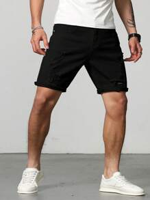 Manfinity Homme Hombres Shorts en mezclilla algodón desgarro crudo - Negro - Ver 6