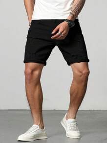 Manfinity Homme Hombres Shorts en mezclilla algodón desgarro crudo - Negro - Ver 7