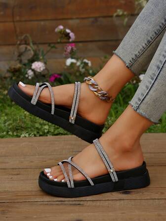 魅力四射黑色涼鞋適用於女士水鑽裝飾厚底涼拖