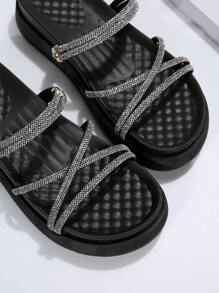 魅力四射黑色涼鞋適用於女士水鑽裝飾厚底涼拖 - 黑色 - 查看 2