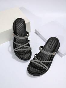 魅力四射黑色涼鞋適用於女士水鑽裝飾厚底涼拖 - 黑色 - 查看 4