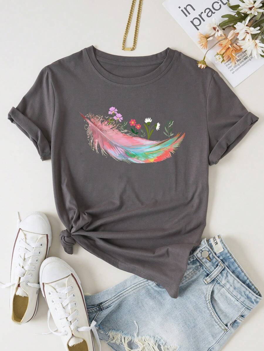 SHEIN LUNE 羽毛印花T恤 - 深灰色 - 查看 1