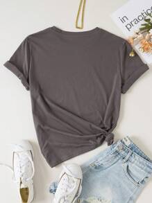 SHEIN LUNE 羽毛印花T恤 - 深灰色 - 查看 2