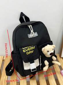Mochila infantil de nylon con diseño de oso lindo y cierre con cremallera - Negro - Ver 3