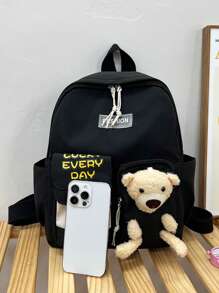 Mochila infantil de nylon con diseño de oso lindo y cierre con cremallera - Negro - Ver 4