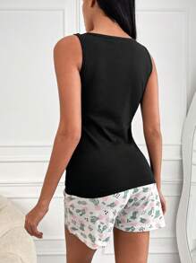 RueChic Cactus And Slogan Graphic PJ Set - màu đen - Xem 2