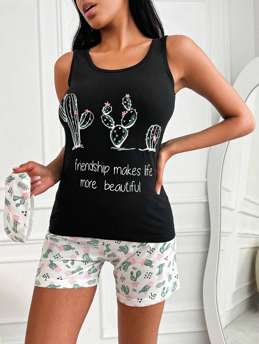 RueChic Cactus And Slogan Graphic PJ Set - màu đen - Xem 1