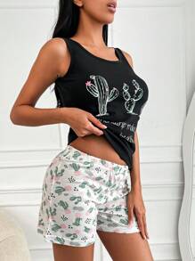 RueChic Cactus And Slogan Graphic PJ Set - màu đen - Xem 4