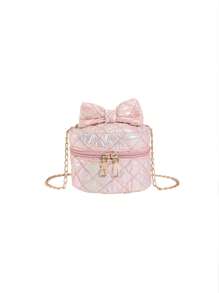 Girls Bow Decor Quilted Chain Bucket Bag - Pink - View 1