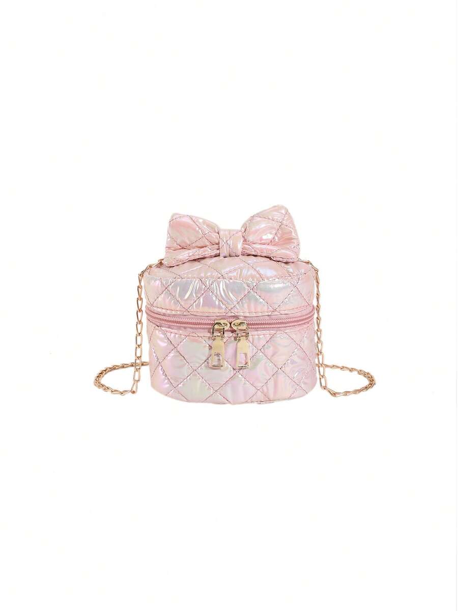 Girls Bow Decor Quilted Chain Bucket Bag - Pink - View 1