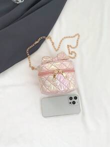 Girls Bow Decor Quilted Chain Bucket Bag - Pink - View 2