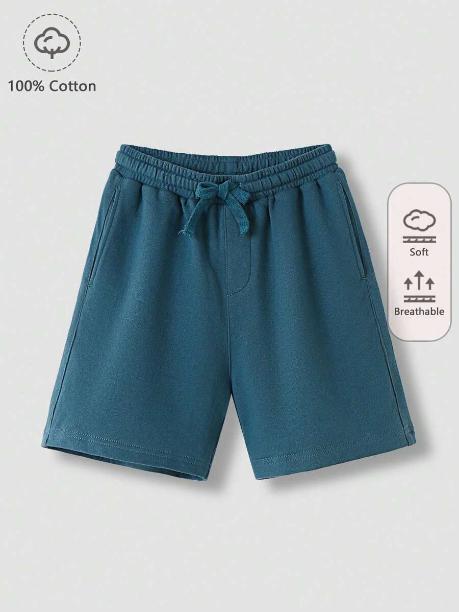 SHEIN Boys 100% Cotton Solid Drawstring Waist Shorts - Dusty Blue - View 1