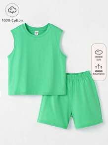 SHEIN 小男童100%棉素色背心上衣和短褲 - 綠色 - 查看 1