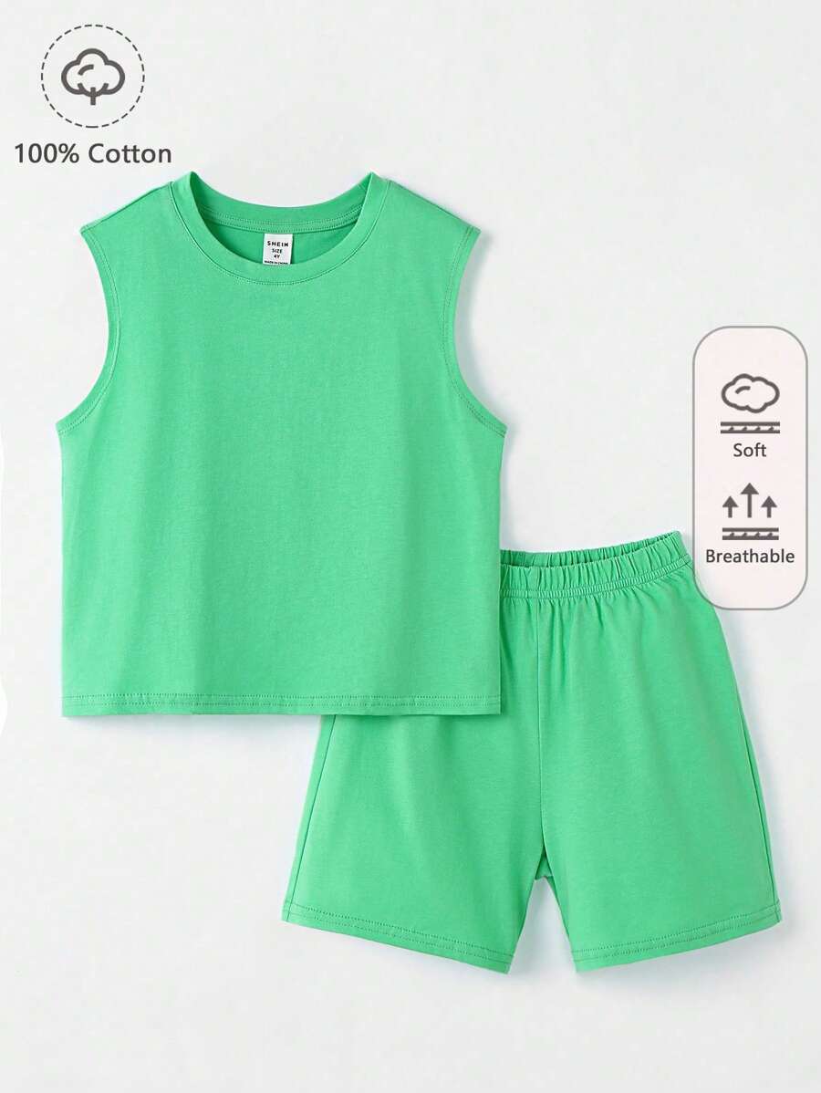 SHEIN 小男童100%棉素色背心上衣和短褲 - 綠色 - 查看 1