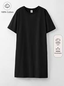 SHEIN Girls 100% Cotton Solid Tee Dress - Black - View 1