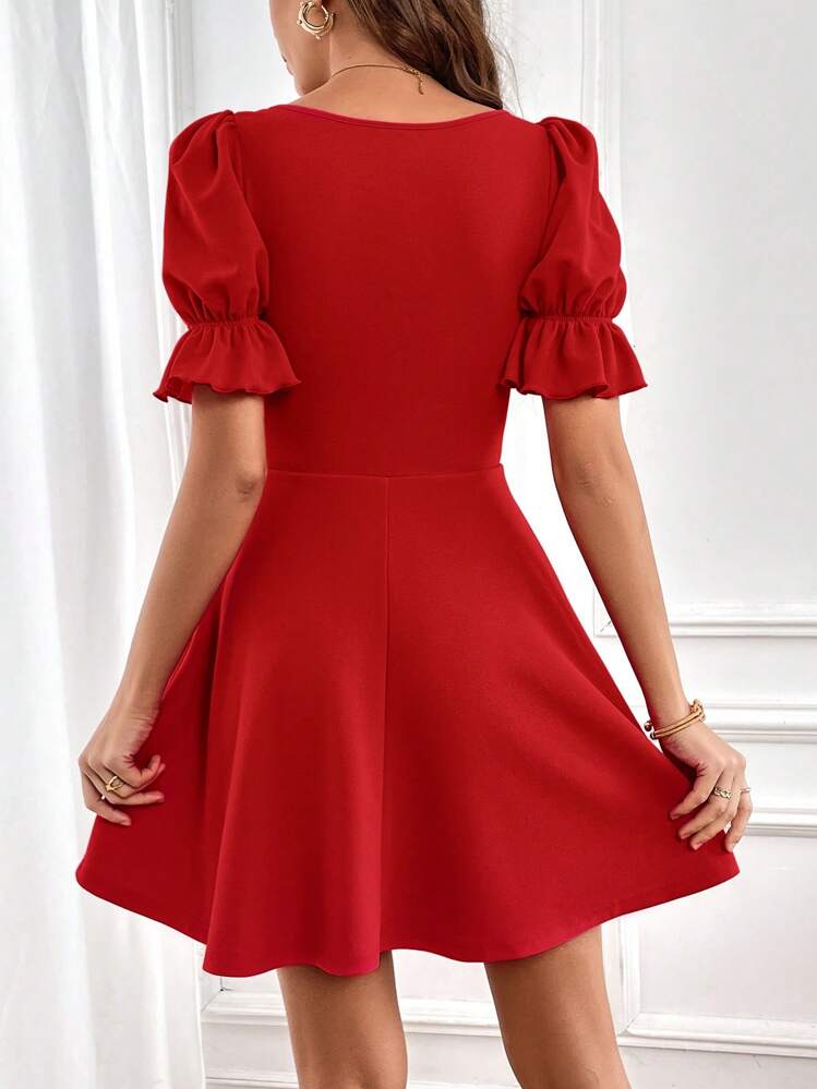 SHEIN Priv Square Neck Puff Sleeve A-Line Red Short Dress | SHEIN USA
