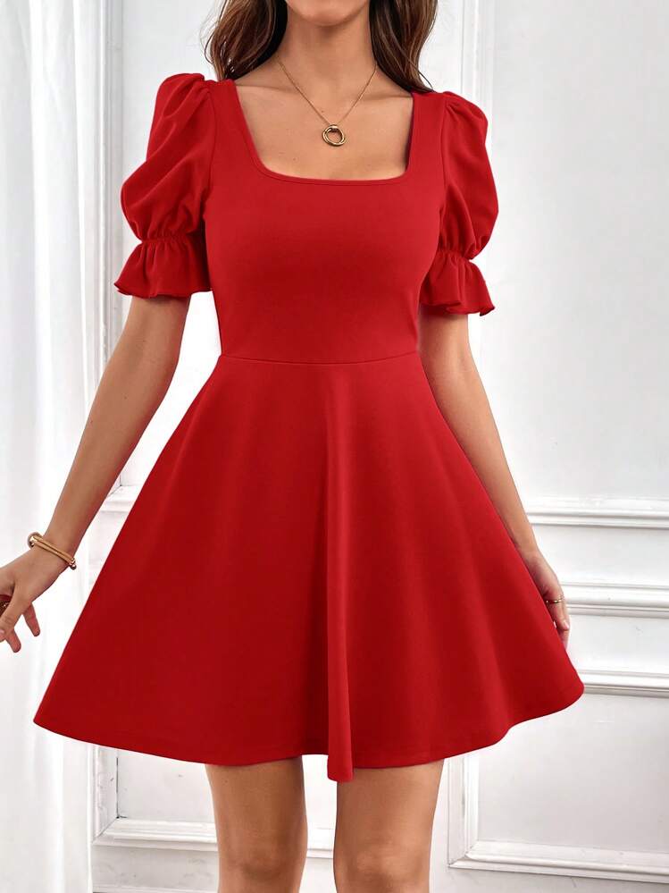 open lace back dress Elegant Satin Square Neck Evening Gown Puff Sleeve Ruched Sheath Weddi –  DSProm main image 1