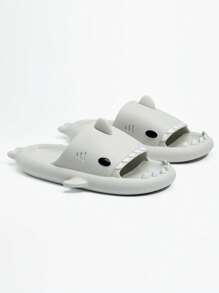 Funny Shark Design Soft & Comfortable One-Toe Slippers, Couple Fashion Slide Sandals, Beach Shoes, Novelty Couples Slippers, Cartoon Cute Quirky Unisex Slippers - Light Grey - View 2