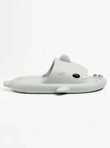 Funny Shark Design Soft & Comfortable One-Toe Slippers, Couple Fashion Slide Sandals, Beach Shoes, Novelty Couples Slippers, Cartoon Cute Quirky Unisex Slippers - Light Grey - View 3