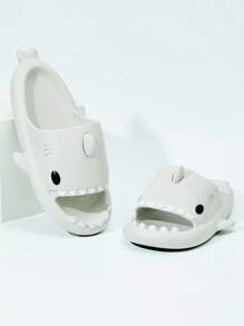 Funny Shark Design Soft & Comfortable One-Toe Slippers, Couple Fashion Slide Sandals, Beach Shoes, Novelty Couples Slippers, Cartoon Cute Quirky Unisex Slippers - Light Grey - View 6