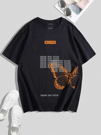 Men Slogan & Butterfly Print Tee