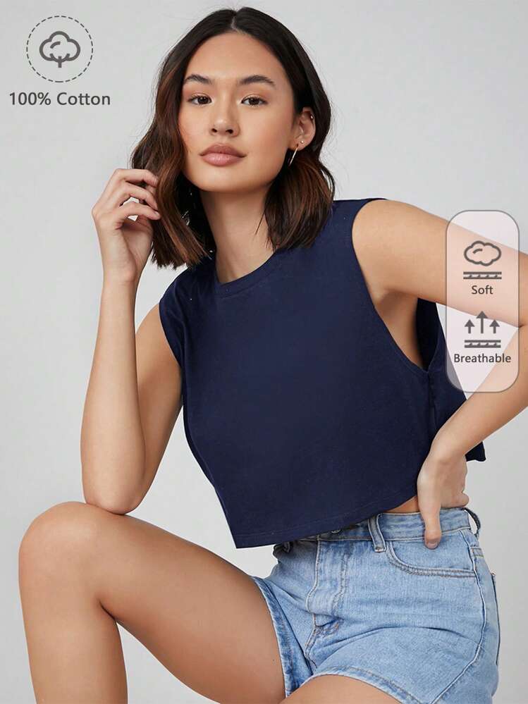 SHEIN BASICS Women Minimalist Solid Color Sleeveless Knitting Top - Navy Blue - View 1