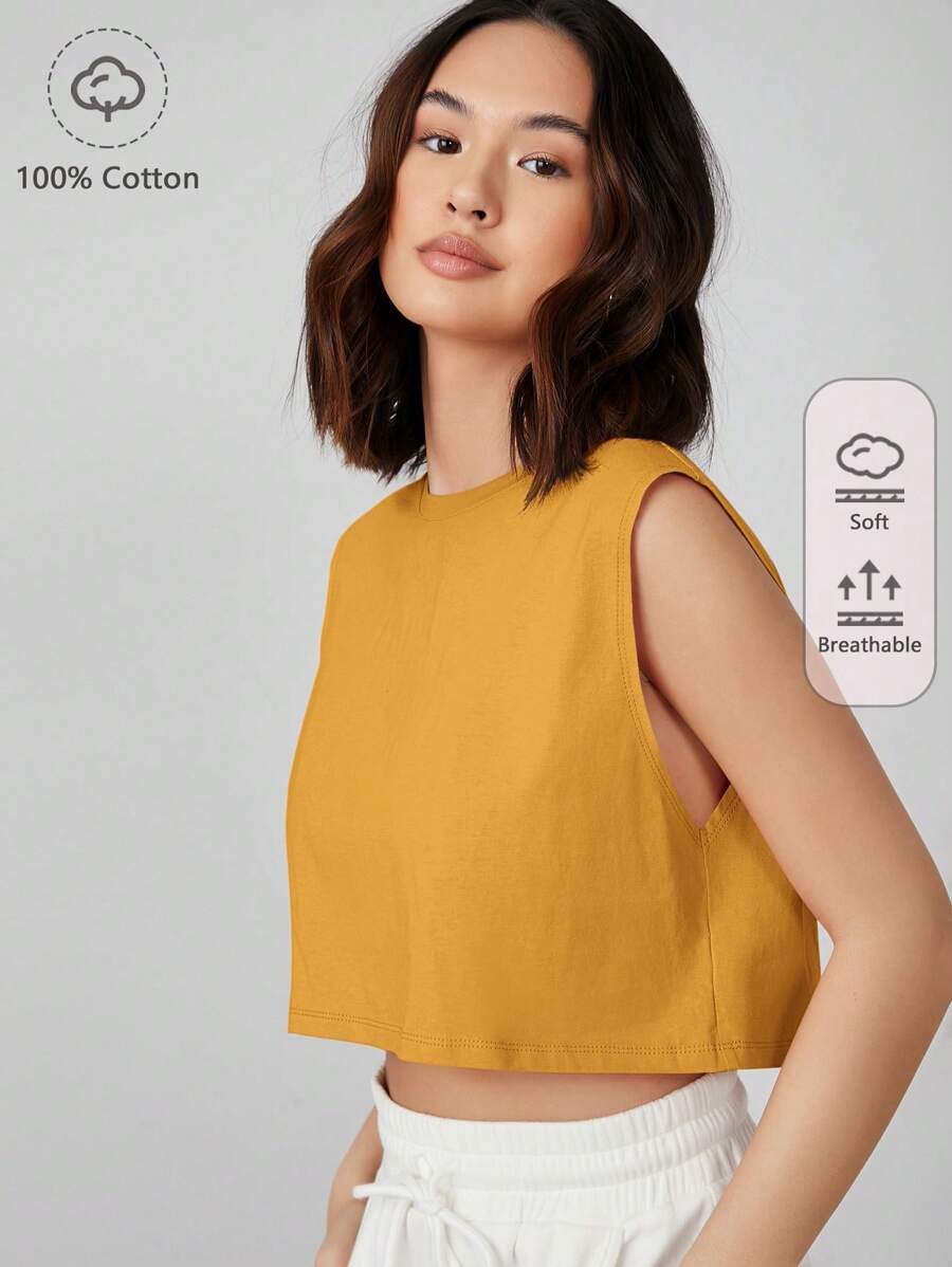 SHEIN BASICS Women Minimalist Solid Color Sleeveless Knitting Top - Mustard Yellow - View 1